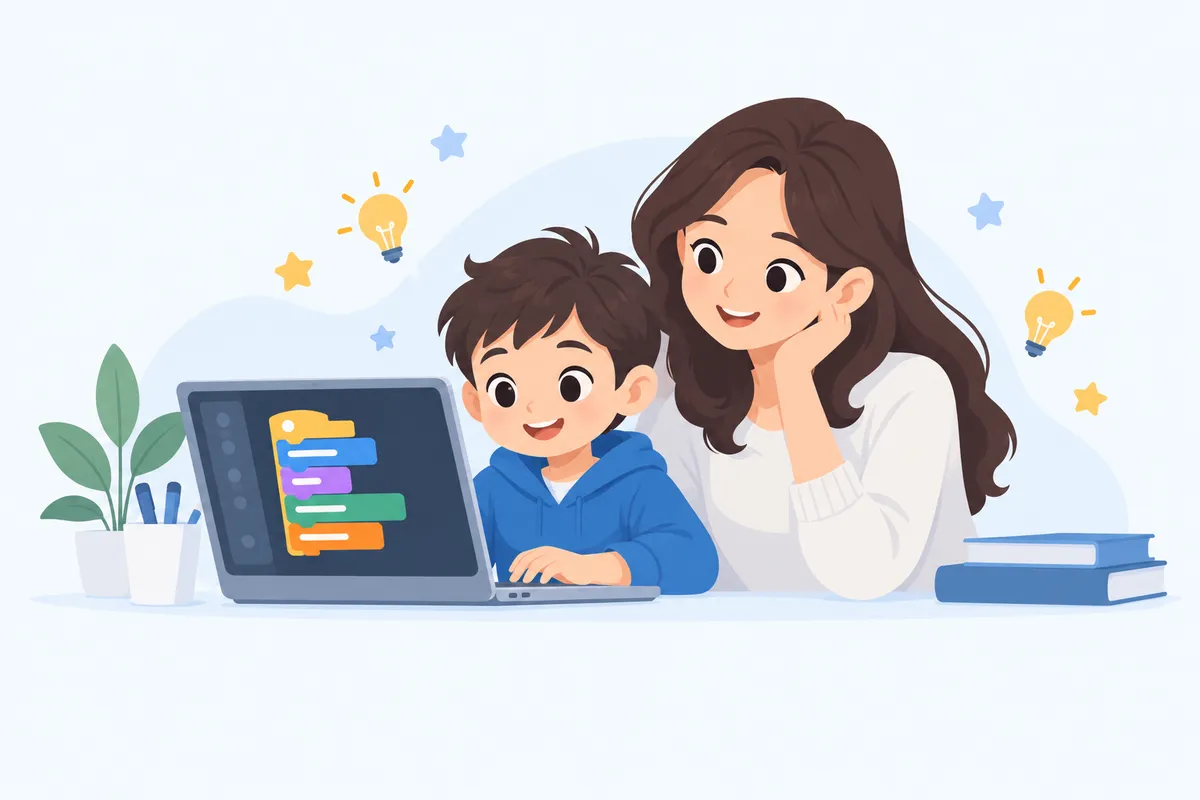 Bé trai và mẹ cùng học lập trình bằng các khối lệnh nhiều màu trên máy tính
