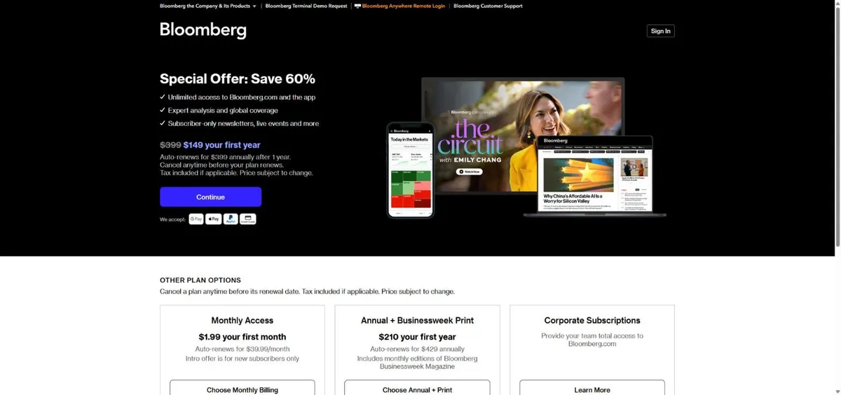 Trang đăng ký Bloomberg với ưu đãi truy cập không giới hạn 149 USD năm đầu