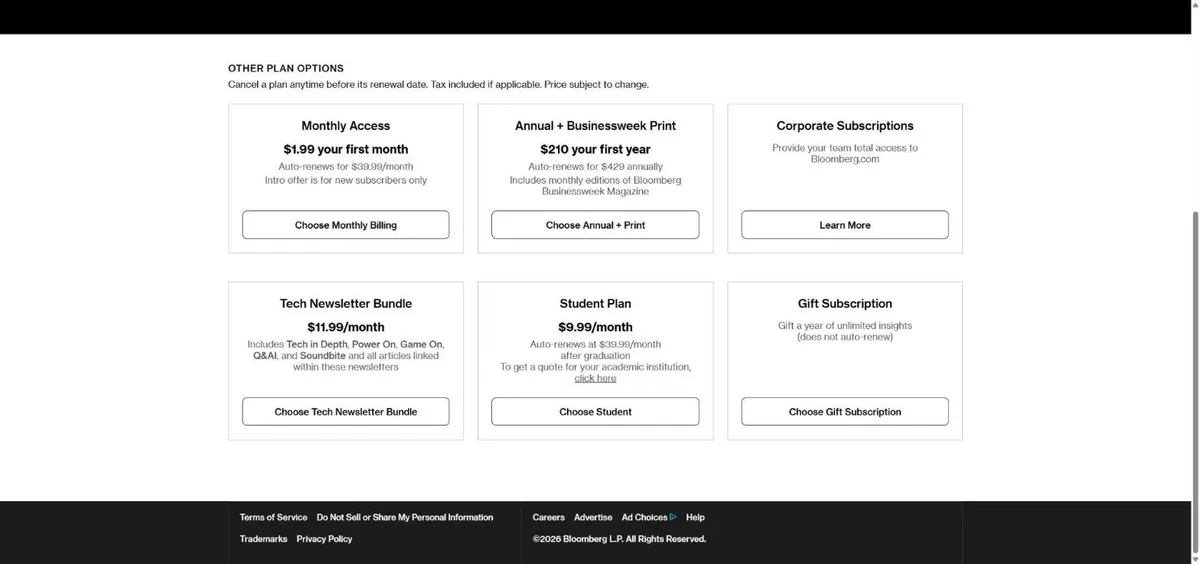 Các gói khác của Bloomberg: gói tháng, gói năm kèm Businessweek, gói sinh viên và bản tin công nghệ