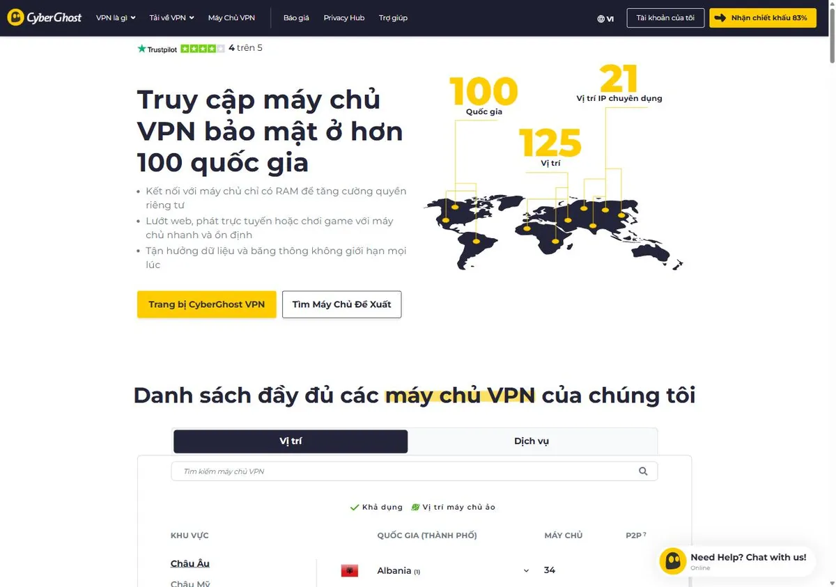 Tổng hợp các dịch vụ VPN tốt nhất 2026 3 Trang máy chủ của CyberGhost VPN