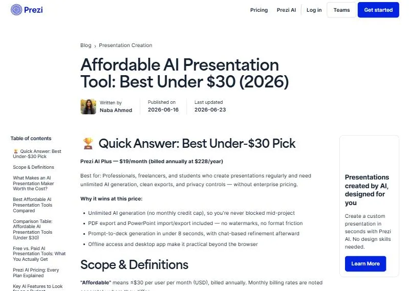 Bài blog của Prezi: Prezi AI Plus giá 19 USD mỗi tháng là gói đề xuất dưới 30 USD