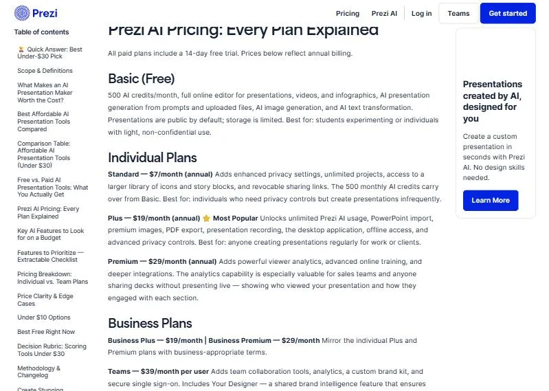 Các gói Prezi AI: Basic miễn phí, Standard 7 USD, Plus 19 USD, Premium 29 USD thanh toán hằng năm