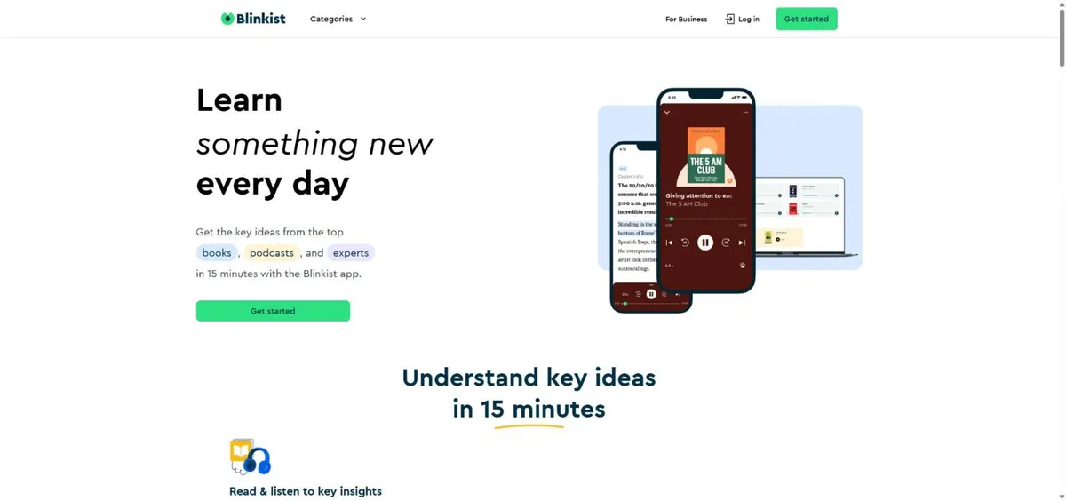 Trang chủ Blinkist với ứng dụng nghe và đọc tóm tắt sách