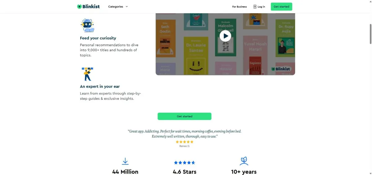 Blinkist có hơn 9.000 tựa sách và podcast cùng hướng dẫn từ chuyên gia