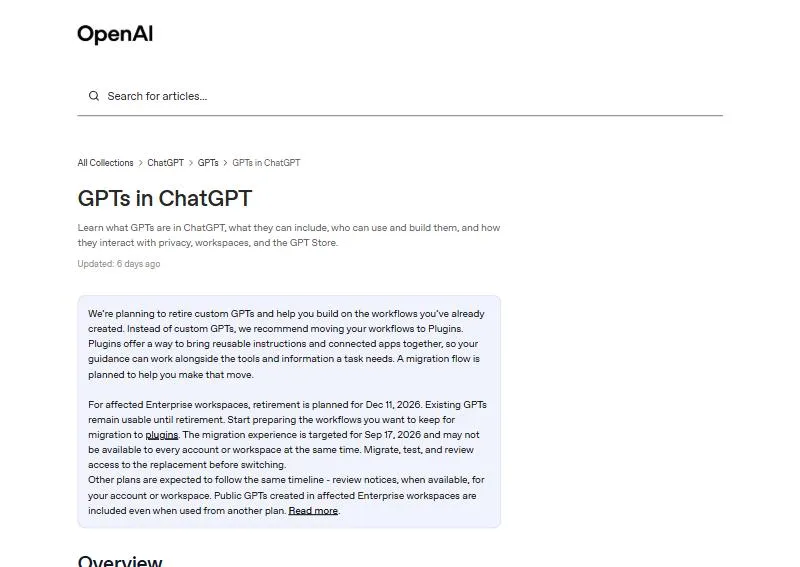 GPT Store là gì? GPTs đang chuyển sang Plugins 5 Trang trợ giúp OpenAI GPTs in ChatGPT: OpenAI lên kế hoạch ngừng custom GPTs và chuyển sang Plugins