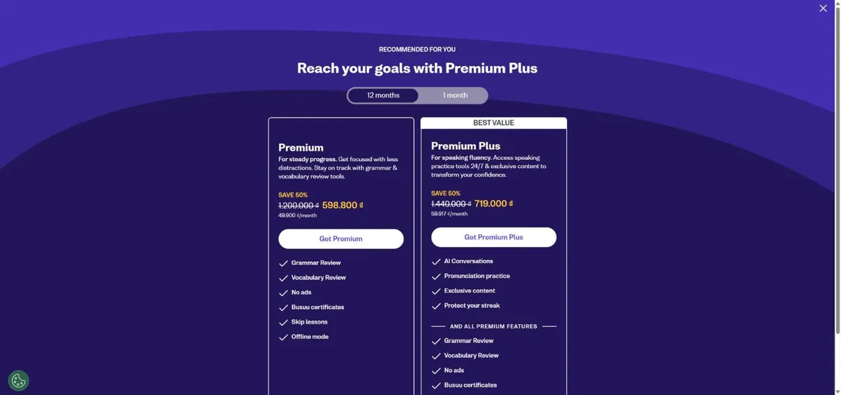Trang gói Busuu Premium và Premium Plus với giá tại Việt Nam
