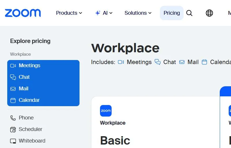 Trang giá Zoom Workplace với gói Basic miễn phí