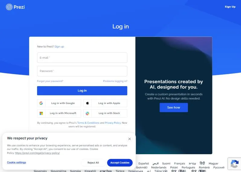 Hướng dẫn đăng ký và sử dụng tài khoản Prezi 5 Trang đăng nhập Prezi: email và mật khẩu hoặc đăng nhập bằng Google, Apple, Microsoft, Slack