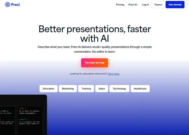 Hướng dẫn đăng ký và sử dụng tài khoản Prezi 7 Trang Prezi AI: mô tả nhu cầu và Prezi AI tạo bài thuyết trình qua một cuộc trò chuyện