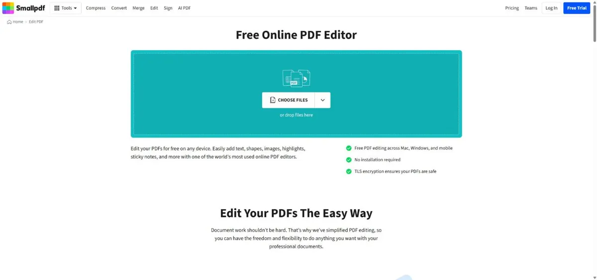 Hướng dẫn chỉnh sửa file PDF bằng phần mềm SmallPDF 6 Trang Smallpdf Edit PDF với nút Choose files để tải file PDF lên chỉnh sửa