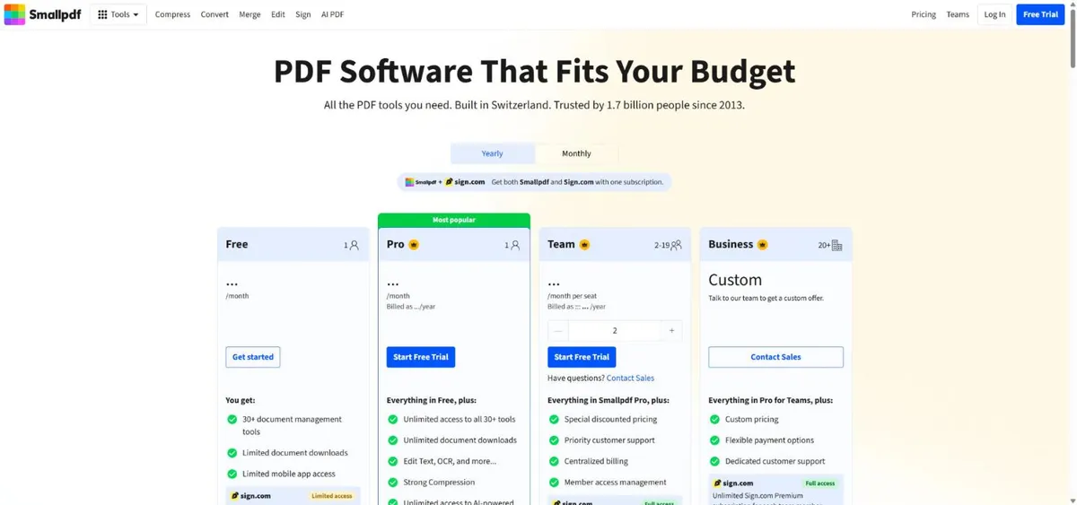 Hướng dẫn chỉnh sửa file PDF bằng phần mềm SmallPDF 8 Các gói Smallpdf Free, Pro, Team và Business