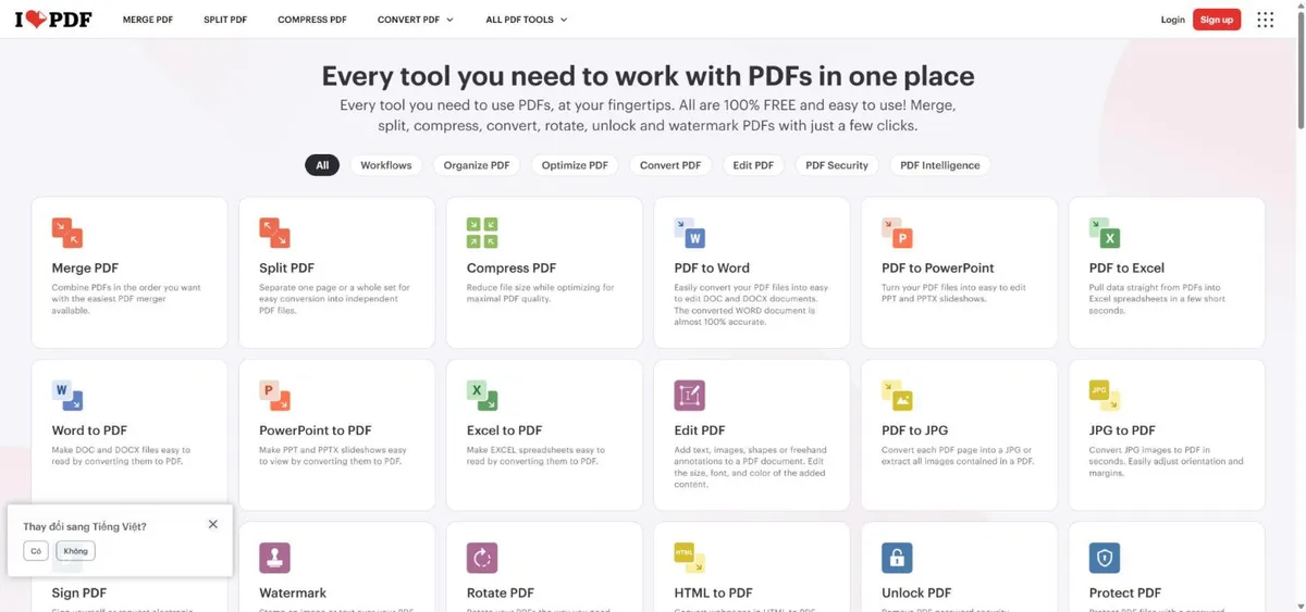 Trang chủ iLovePDF với các công cụ PDF trực tuyến