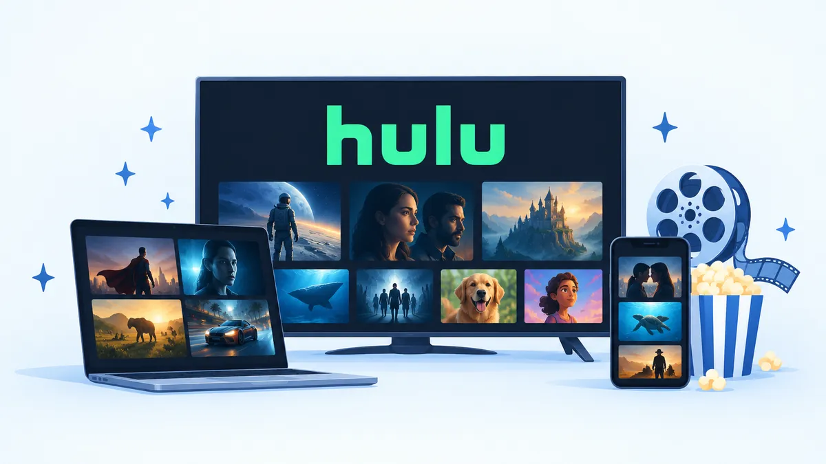 Minh họa Hulu phát phim và series trên TV, laptop và điện thoại