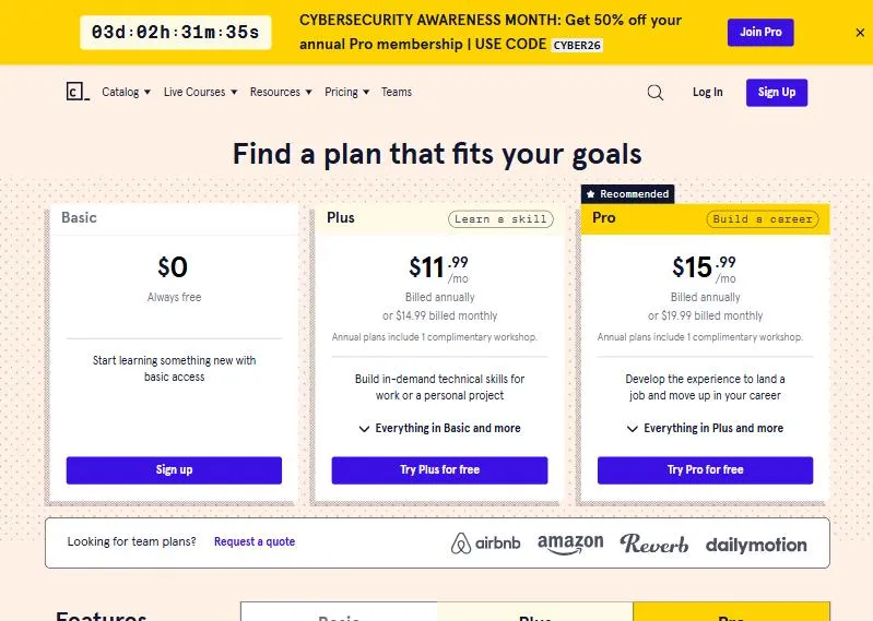 Trang giá Codecademy: gói Basic miễn phí, Plus 11,99 USD và Pro 15,99 USD mỗi tháng