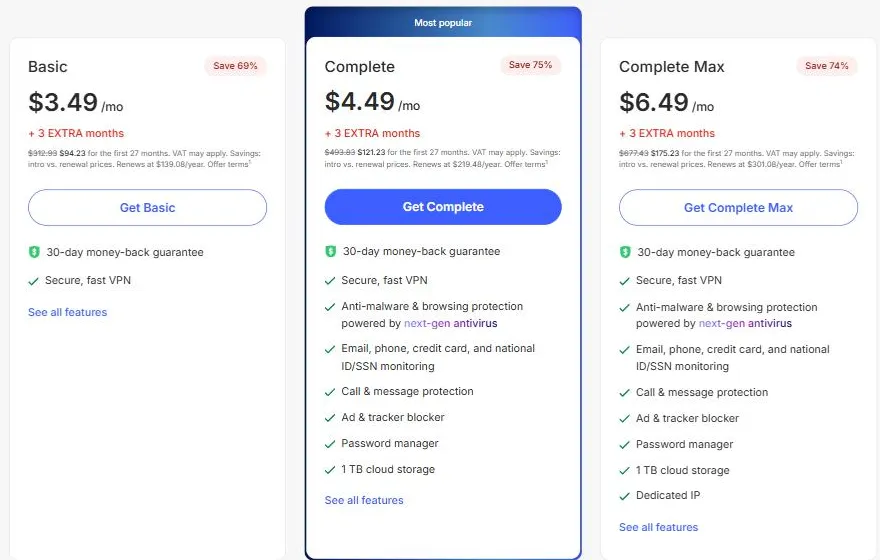 Các gói NordVPN Basic, Complete và Complete Max trên trang giá chính thức
