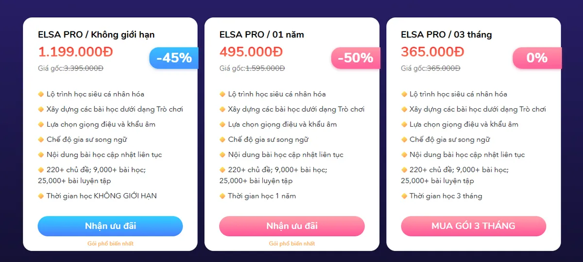 Bảng giá các gói ELSA Pro: không giới hạn thời gian, 1 năm và 3 tháng