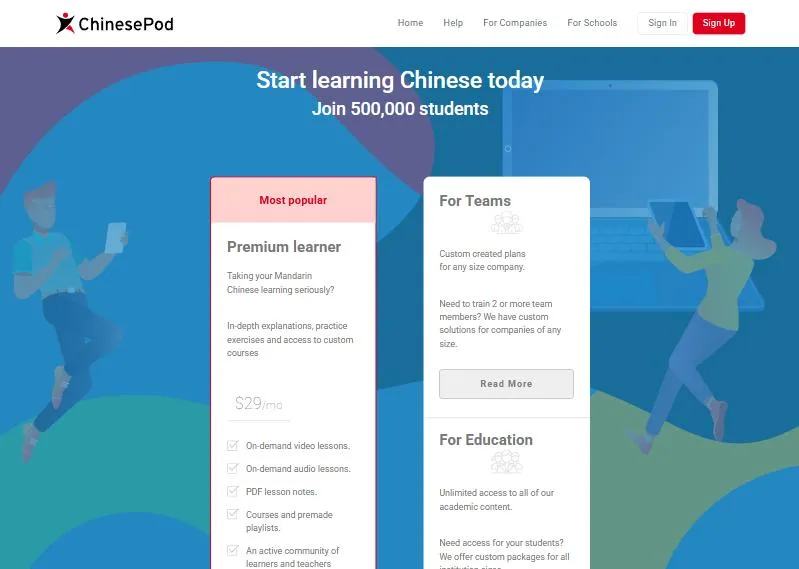 Trang giá ChinesePod: gói Premium learner 29 USD mỗi tháng, gói cho nhóm và giáo dục