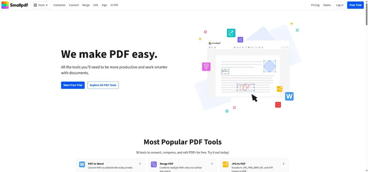 Trang chủ Smallpdf, công cụ chỉnh sửa PDF trực tuyến