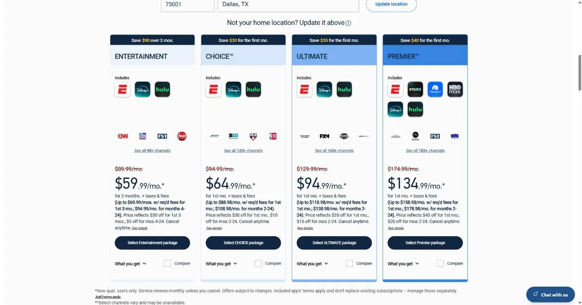 Bảng 4 gói DIRECTV Entertainment, Choice, Ultimate và Premier trên trang chính thức