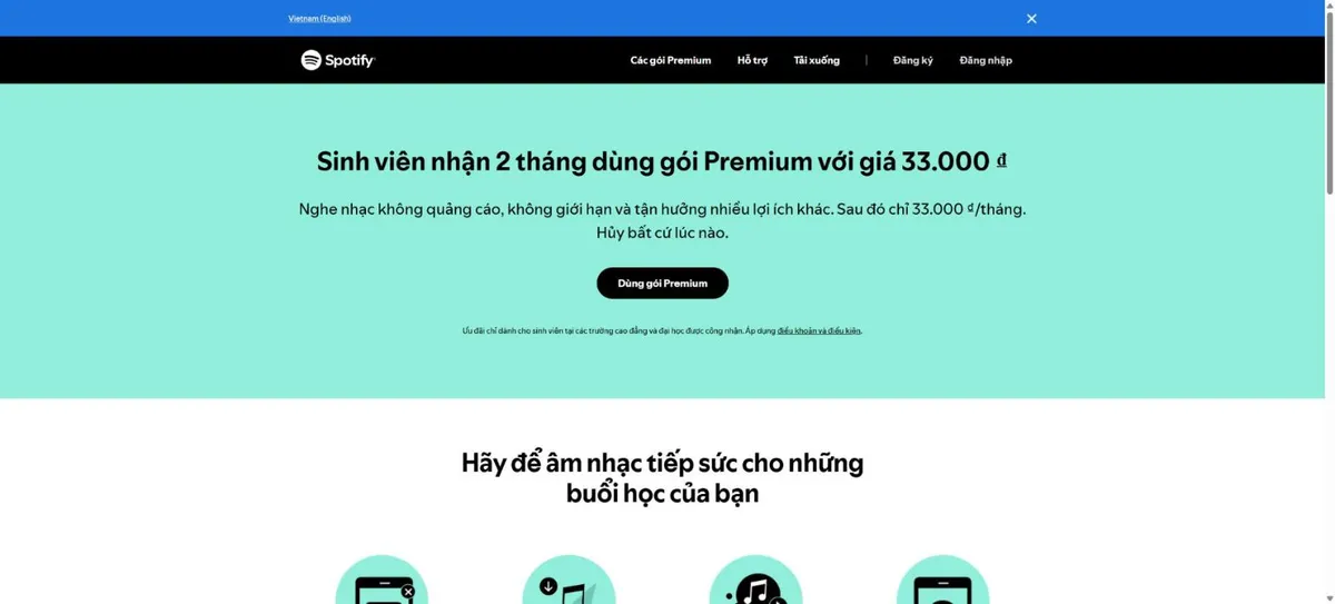 Trang Spotify Premium dành cho sinh viên: 2 tháng với giá 33.000 đ