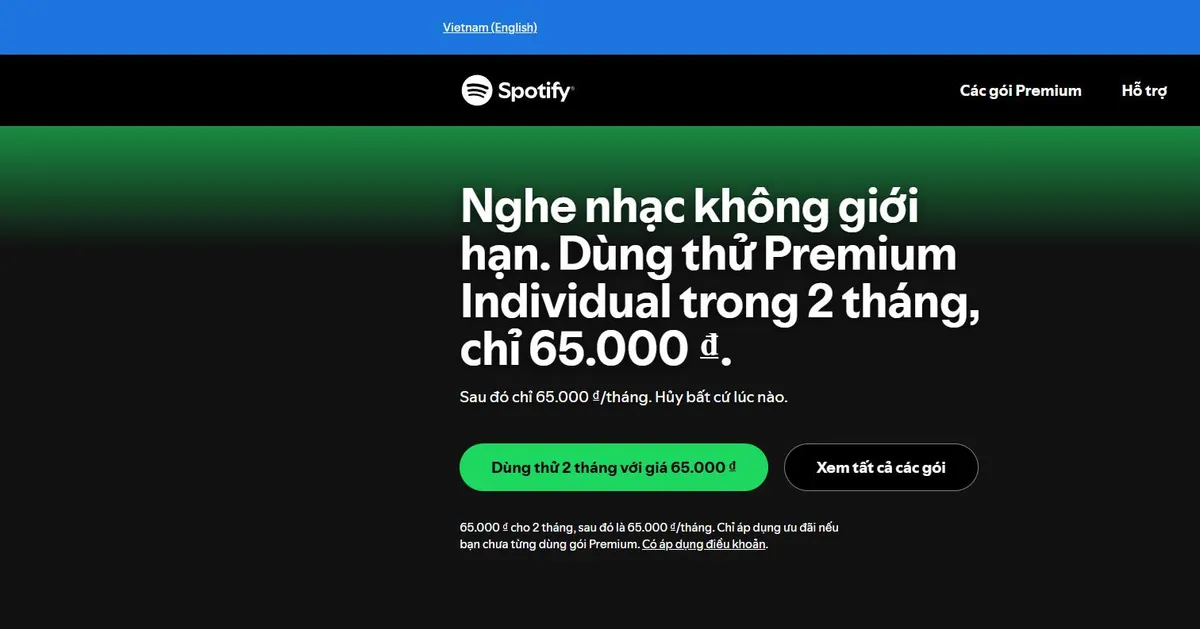 Trang Spotify Premium tại Việt Nam: dùng thử Premium Individual 2 tháng giá 65.000 đ