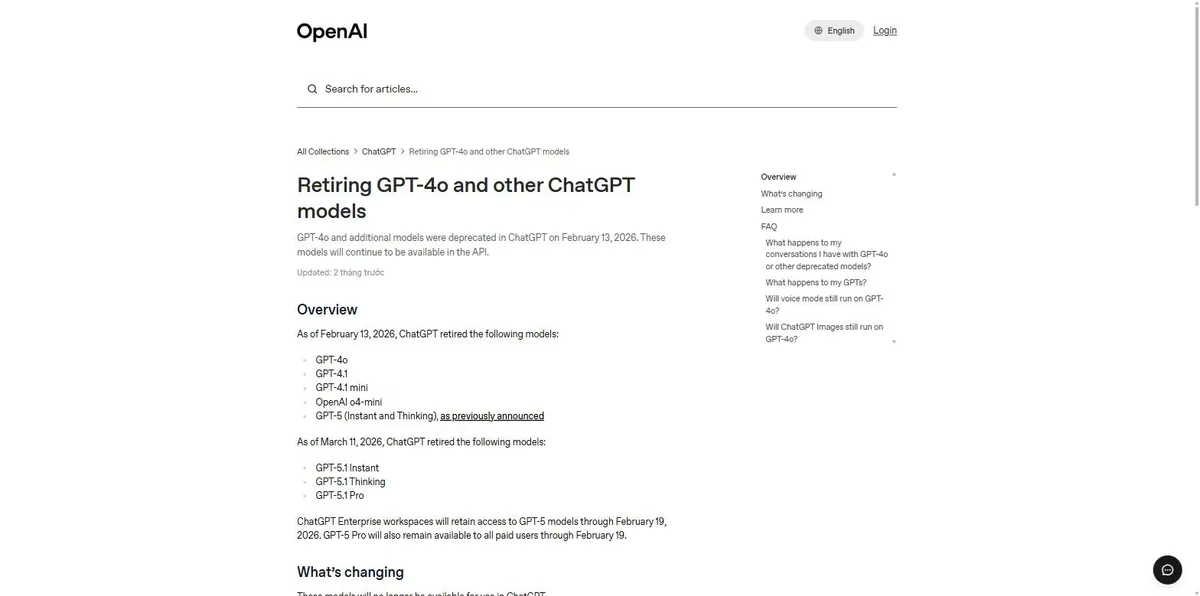 Tìm hiểu Chat GPT-4 và các gói ChatGPT hiện nay 7 Trang trợ giúp của OpenAI về việc ngừng GPT-4o và các mô hình ChatGPT cũ