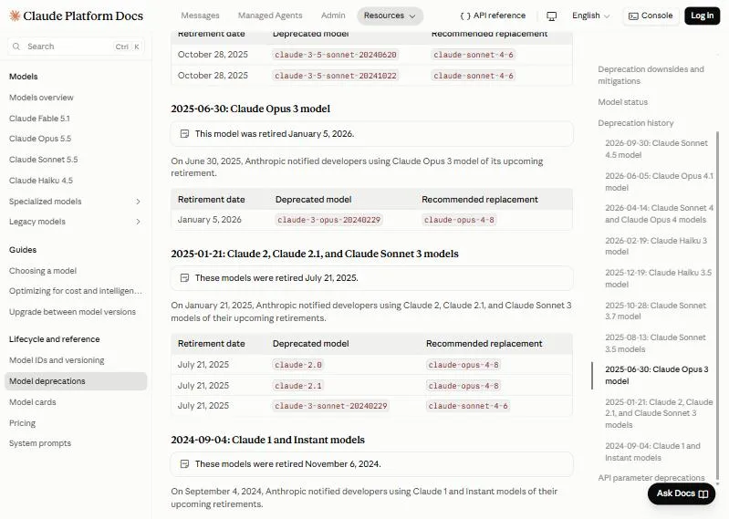 Claude 3 model AI: các bản đã ngừng và model Claude mới nhất 14 Lịch ngừng các model Claude 2, Claude Sonnet 3 và Claude Opus 3 trên trang model deprecations của Anthropic