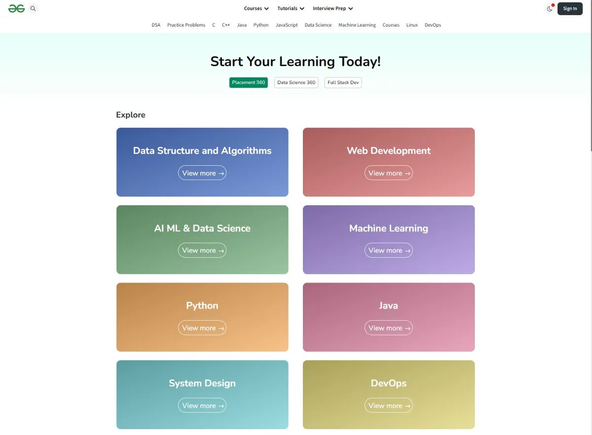 Trang web học lập trình GeeksforGeeks