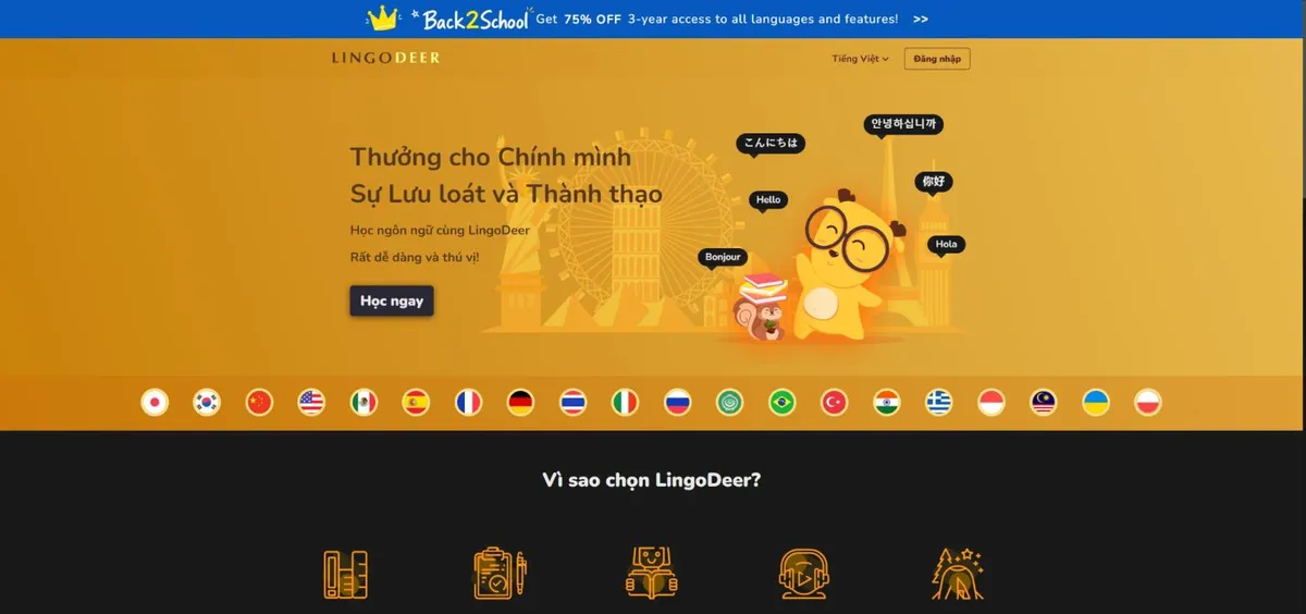 Trang chủ LingoDeer với các khóa học ngôn ngữ và ưu đãi giảm 75% gói 3 năm