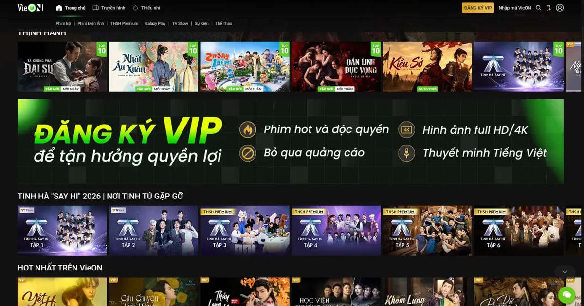 Trang chủ VieON với banner đăng ký VIP: phim hot và độc quyền, hình ảnh full HD/4K, thuyết minh tiếng Việt