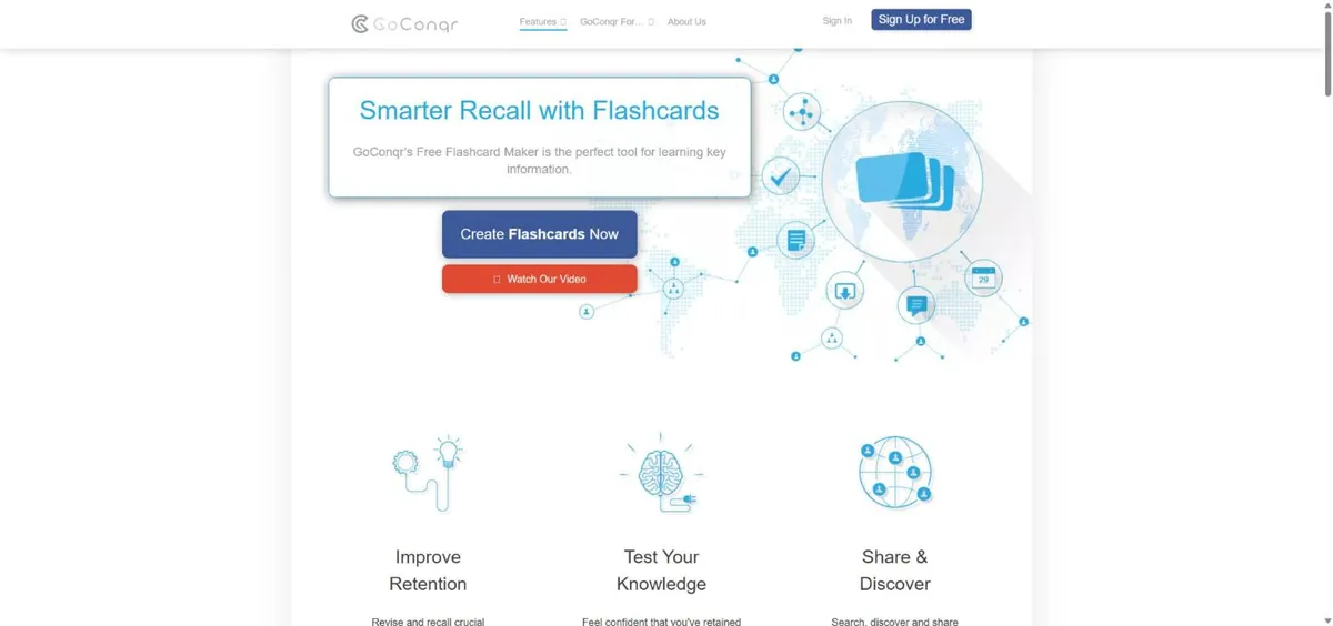 Trang flashcard của GoConqr với công cụ tạo thẻ miễn phí