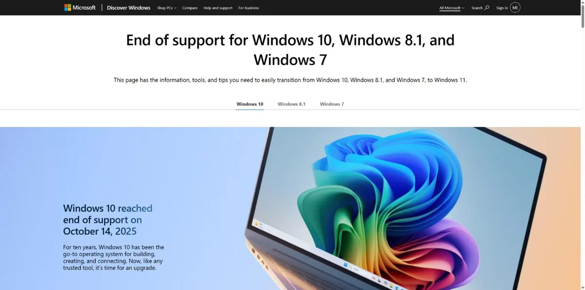 Trang Microsoft thông báo Windows 10 kết thúc hỗ trợ ngày 14/10/2025